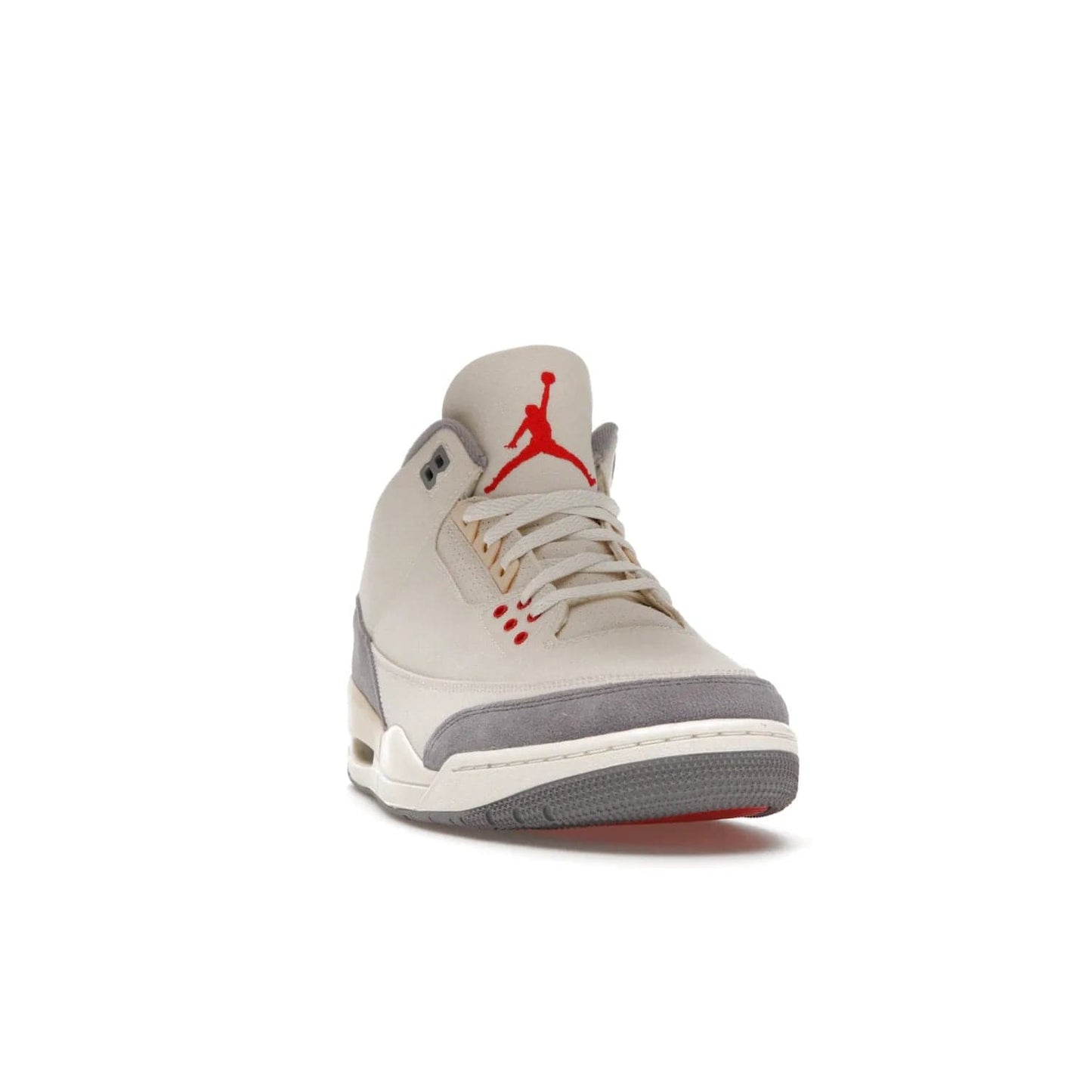 Jordan 3 Retro Muslin - Image 8 - Only at www.BallersClubKickz.com - Eye-catching Air Jordan 3 Retro Muslin in a neutral palette of grey, cream, and red. Featuring canvas upper, suede overlays and white/grey Air Max sole. Available in March 2022.