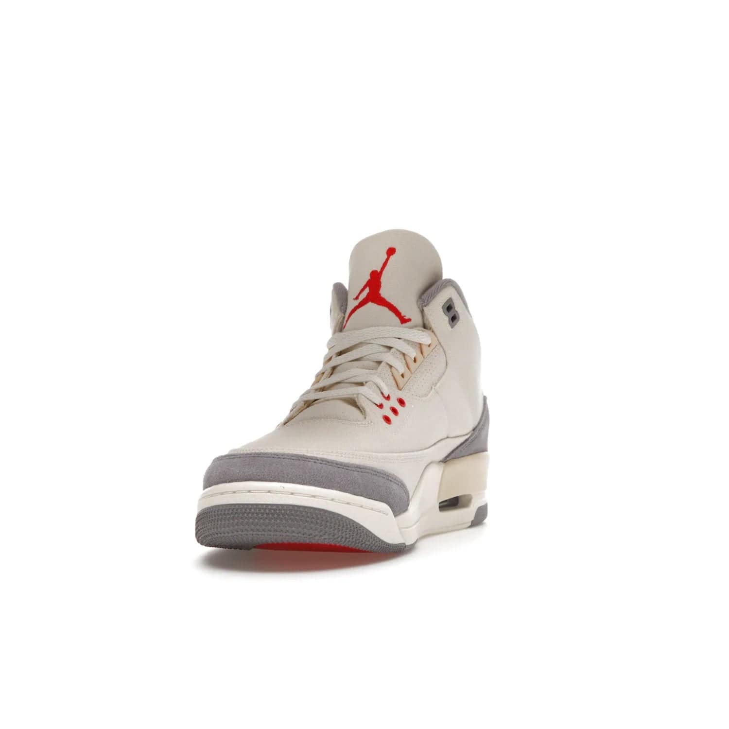 Jordan 3 Retro Muslin - Image 12 - Only at www.BallersClubKickz.com - Eye-catching Air Jordan 3 Retro Muslin in a neutral palette of grey, cream, and red. Featuring canvas upper, suede overlays and white/grey Air Max sole. Available in March 2022.