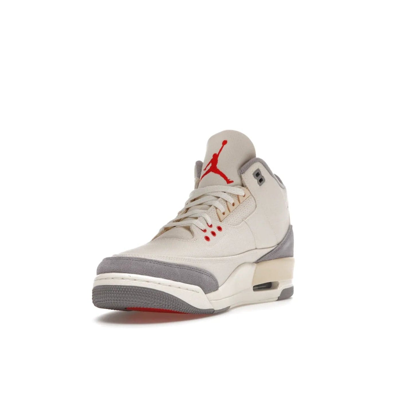 Jordan 3 Retro Muslin - Image 13 - Only at www.BallersClubKickz.com - Eye-catching Air Jordan 3 Retro Muslin in a neutral palette of grey, cream, and red. Featuring canvas upper, suede overlays and white/grey Air Max sole. Available in March 2022.