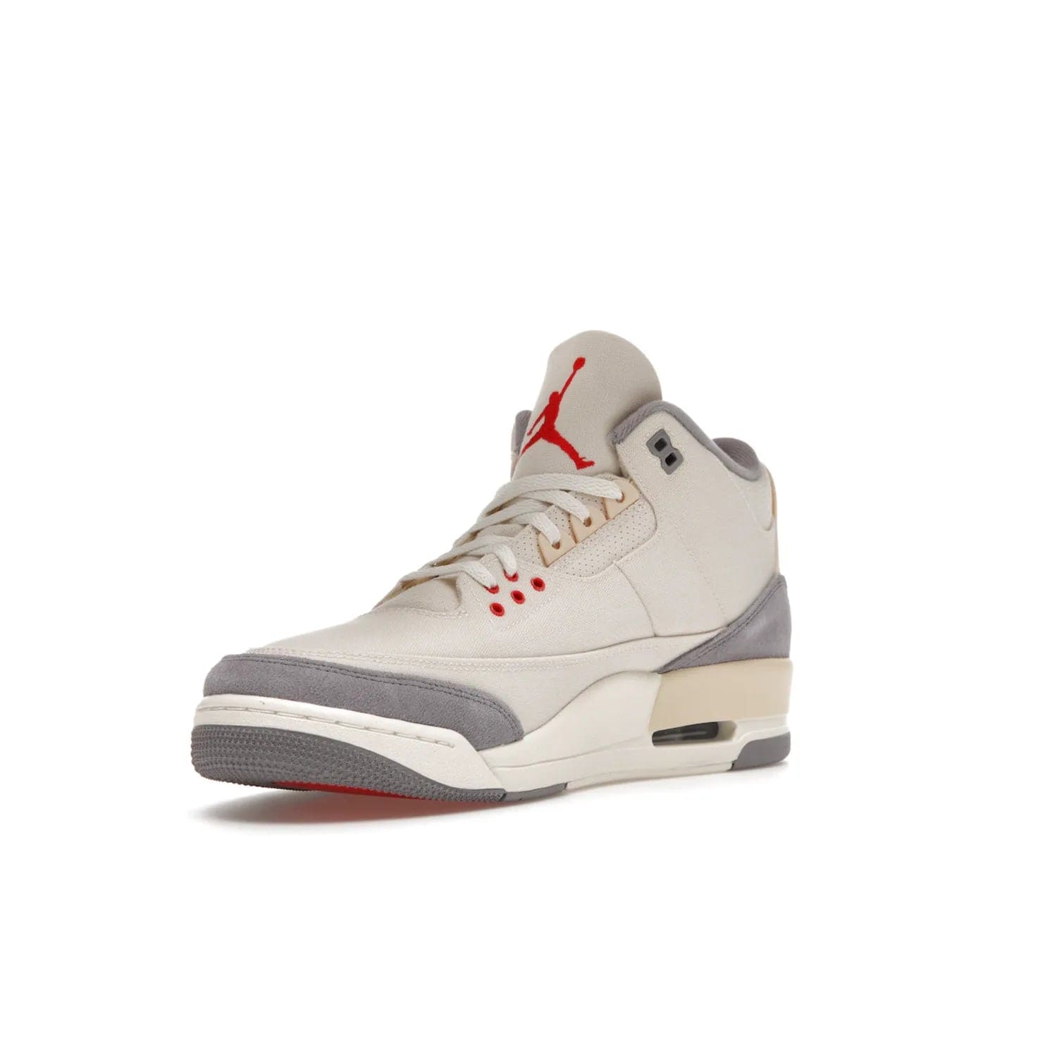 Jordan 3 Retro Muslin - Image 14 - Only at www.BallersClubKickz.com - Eye-catching Air Jordan 3 Retro Muslin in a neutral palette of grey, cream, and red. Featuring canvas upper, suede overlays and white/grey Air Max sole. Available in March 2022.