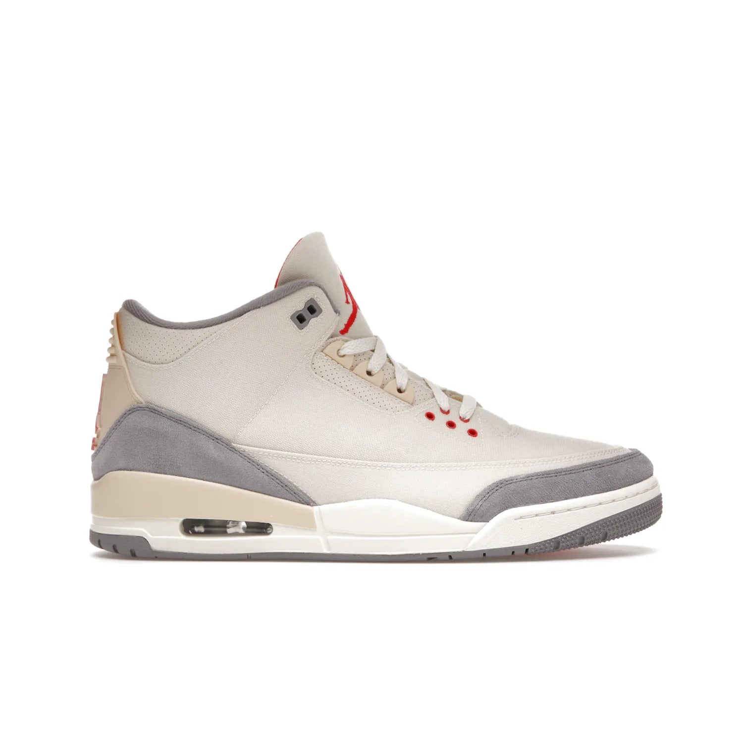 Jordan 3 Retro Muslin - Image 1 - Only at www.BallersClubKickz.com - Eye-catching Air Jordan 3 Retro Muslin in a neutral palette of grey, cream, and red. Featuring canvas upper, suede overlays and white/grey Air Max sole. Available in March 2022.