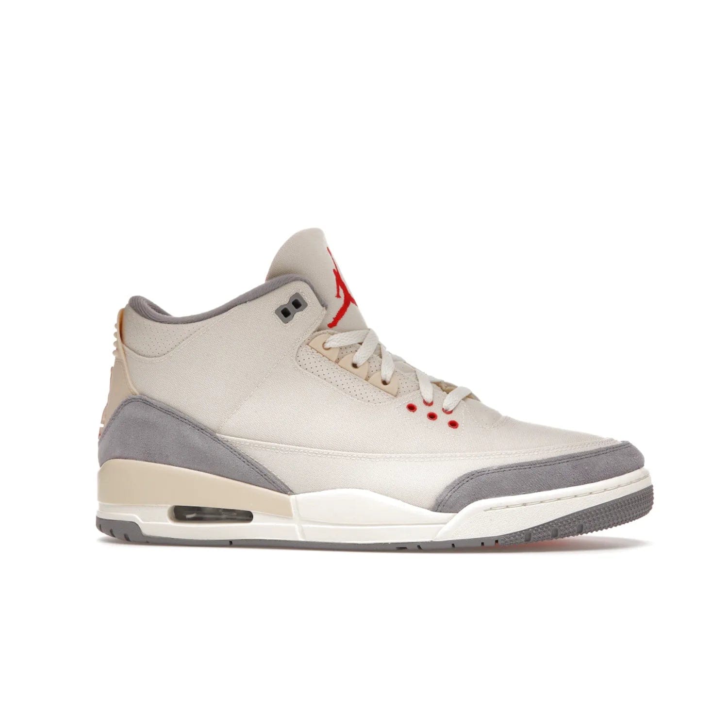 Jordan 3 Retro Muslin - Image 2 - Only at www.BallersClubKickz.com - Eye-catching Air Jordan 3 Retro Muslin in a neutral palette of grey, cream, and red. Featuring canvas upper, suede overlays and white/grey Air Max sole. Available in March 2022.
