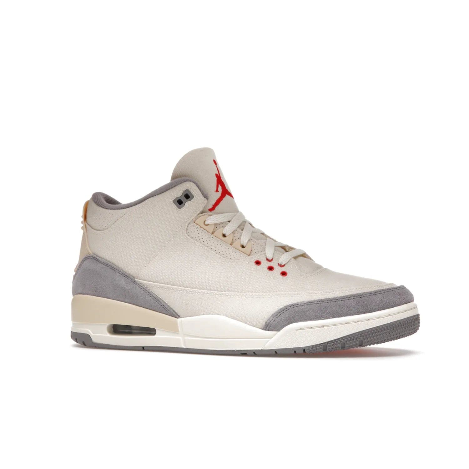 Jordan 3 Retro Muslin - Image 3 - Only at www.BallersClubKickz.com - Eye-catching Air Jordan 3 Retro Muslin in a neutral palette of grey, cream, and red. Featuring canvas upper, suede overlays and white/grey Air Max sole. Available in March 2022.