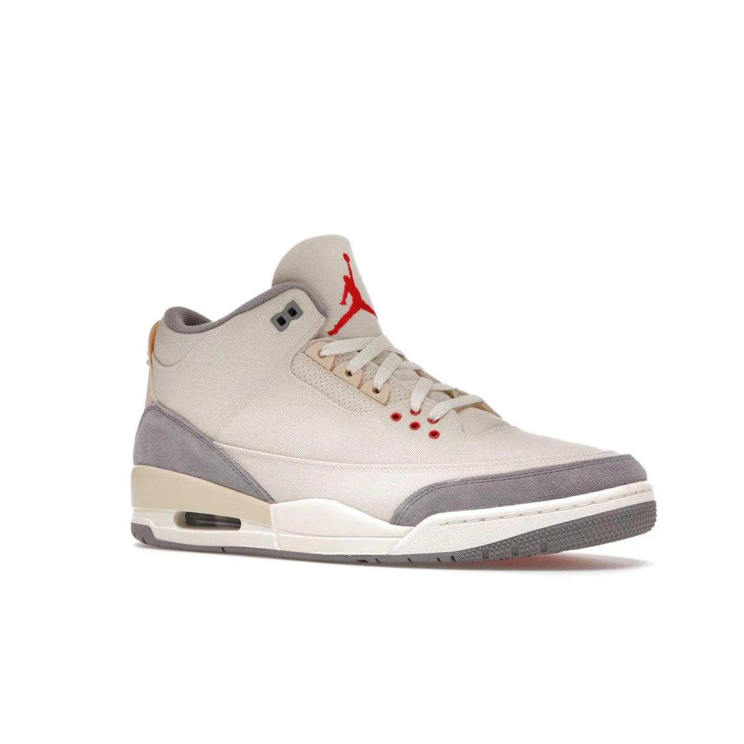 Jordan 3 Retro Muslin - Image 4 - Only at www.BallersClubKickz.com - Eye-catching Air Jordan 3 Retro Muslin in a neutral palette of grey, cream, and red. Featuring canvas upper, suede overlays and white/grey Air Max sole. Available in March 2022.
