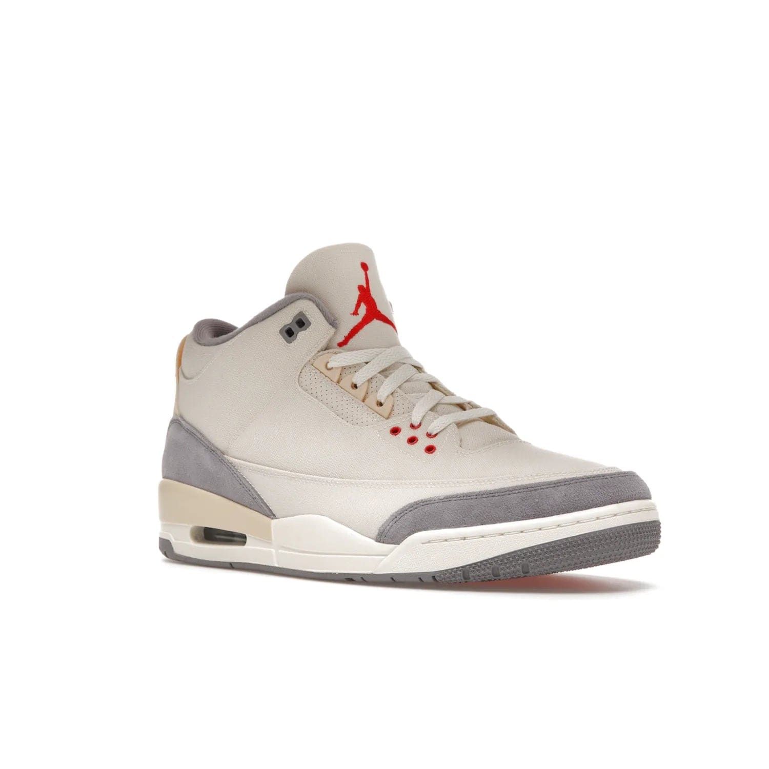 Jordan 3 Retro Muslin - Image 5 - Only at www.BallersClubKickz.com - Eye-catching Air Jordan 3 Retro Muslin in a neutral palette of grey, cream, and red. Featuring canvas upper, suede overlays and white/grey Air Max sole. Available in March 2022.