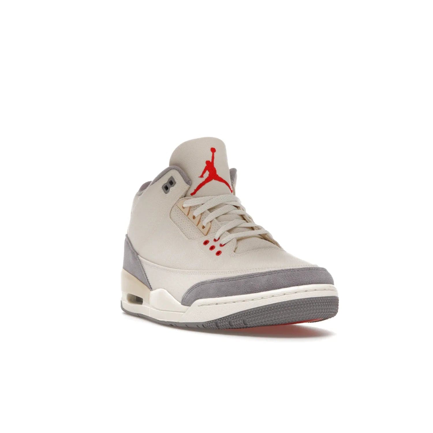 Jordan 3 Retro Muslin - Image 7 - Only at www.BallersClubKickz.com - Eye-catching Air Jordan 3 Retro Muslin in a neutral palette of grey, cream, and red. Featuring canvas upper, suede overlays and white/grey Air Max sole. Available in March 2022.