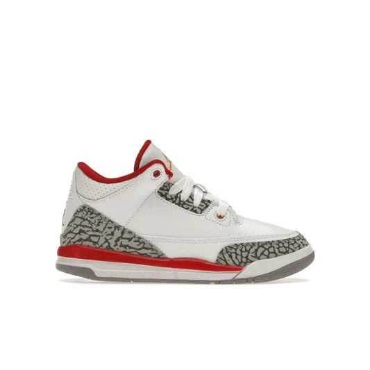 Jordan 3 Retro Cardinal (PS) - Image 1 - Only at www.BallersClubKickz.com - Add retro style to your sneaker collection with the Jordan 3 Retro Cardinal (PS). Featuring classic Jordan 3 details and colors of cardinal red, light curry, and cement grey. Available Feb. 2022.