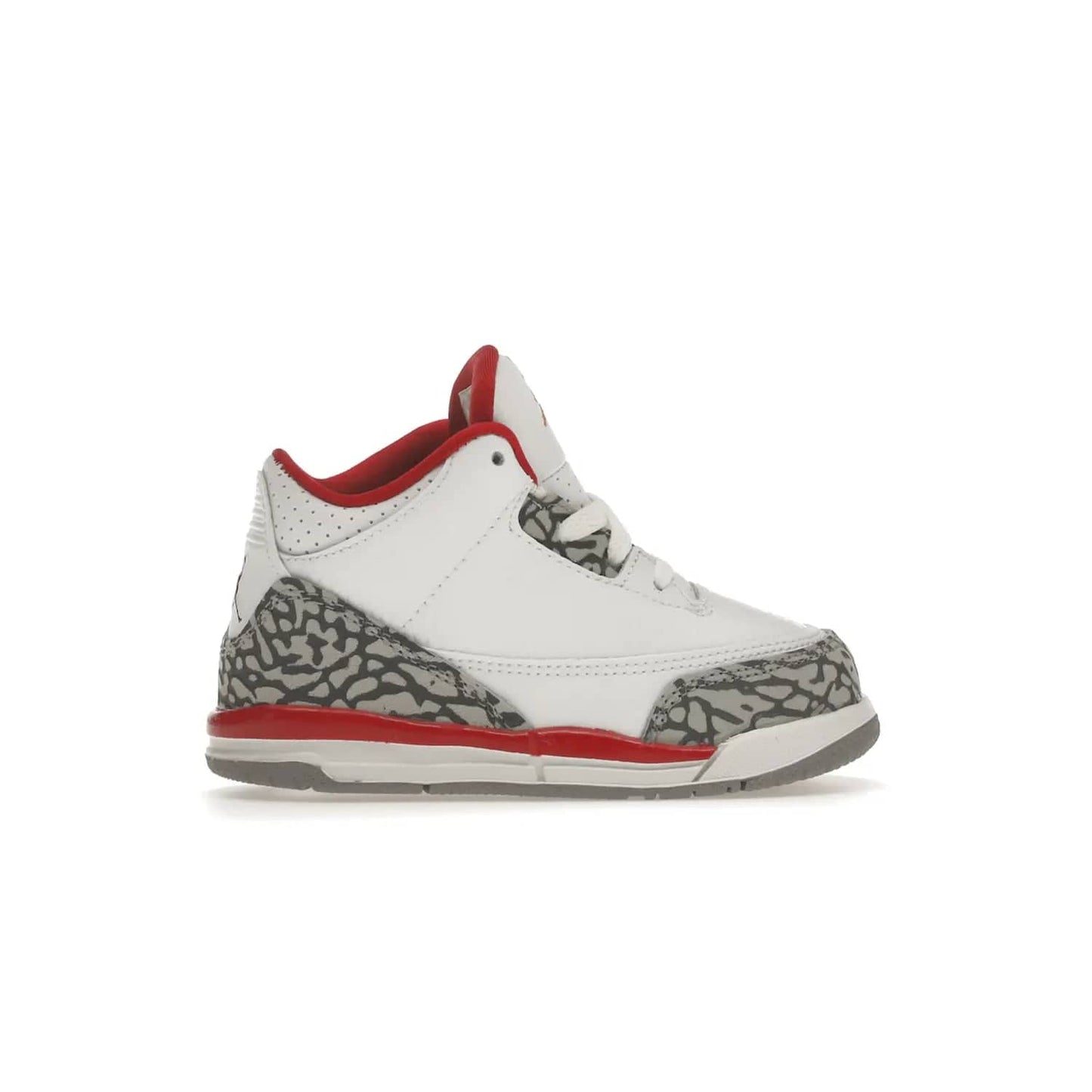 Jordan 3 Retro Cardinal (TD) - Image 36 - Only at www.BallersClubKickz.com - Stylish Air Jordan 3 Retro Cardinal (Toddler) features pebbled leather & smooth leather combo, white, light curry, red & grey print, iconic AJ logo & midsole, & black & yellow patches. Perfect for stylish toddlers.