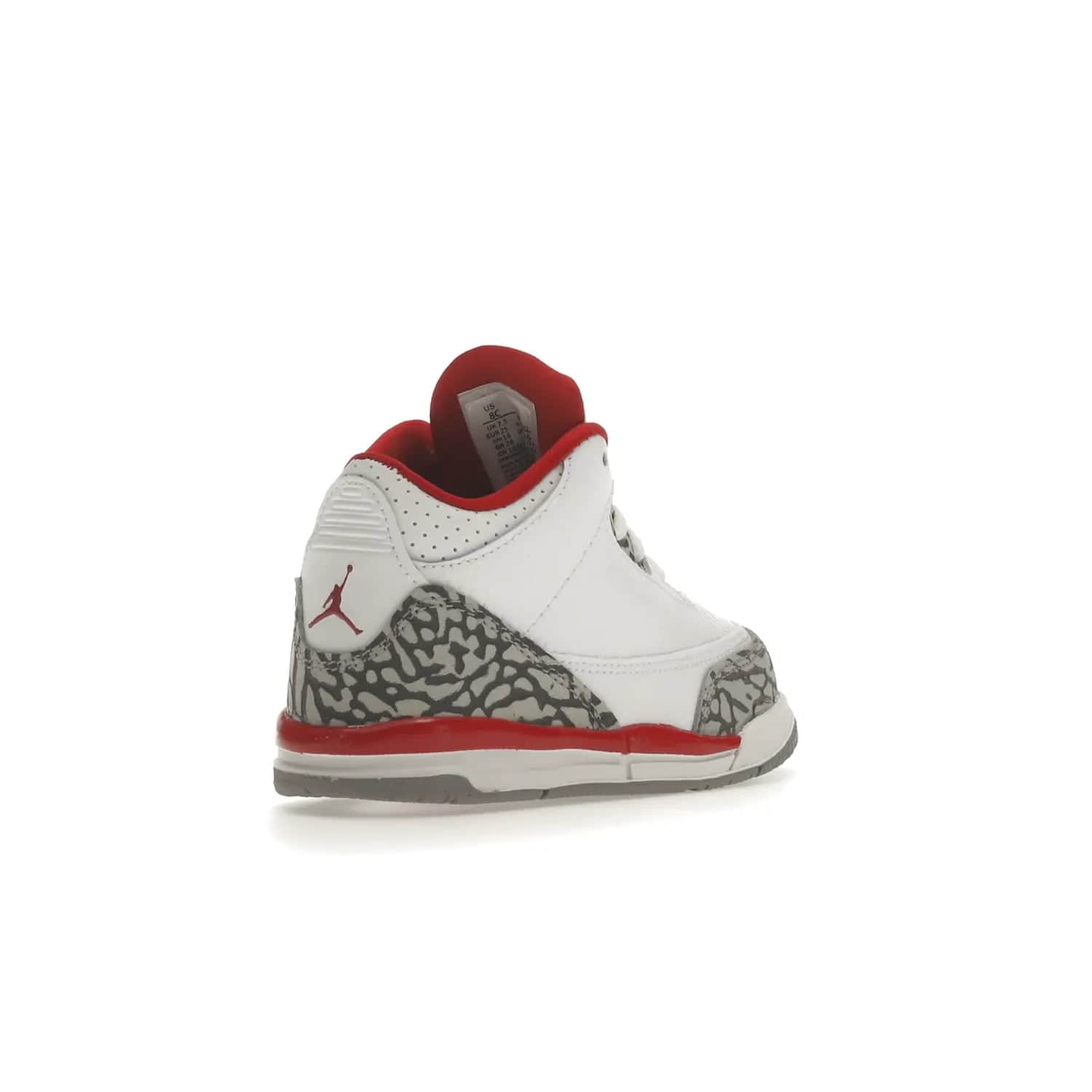 Jordan 3 Retro Cardinal (TD) - Image 32 - Only at www.BallersClubKickz.com - Stylish Air Jordan 3 Retro Cardinal (Toddler) features pebbled leather & smooth leather combo, white, light curry, red & grey print, iconic AJ logo & midsole, & black & yellow patches. Perfect for stylish toddlers.