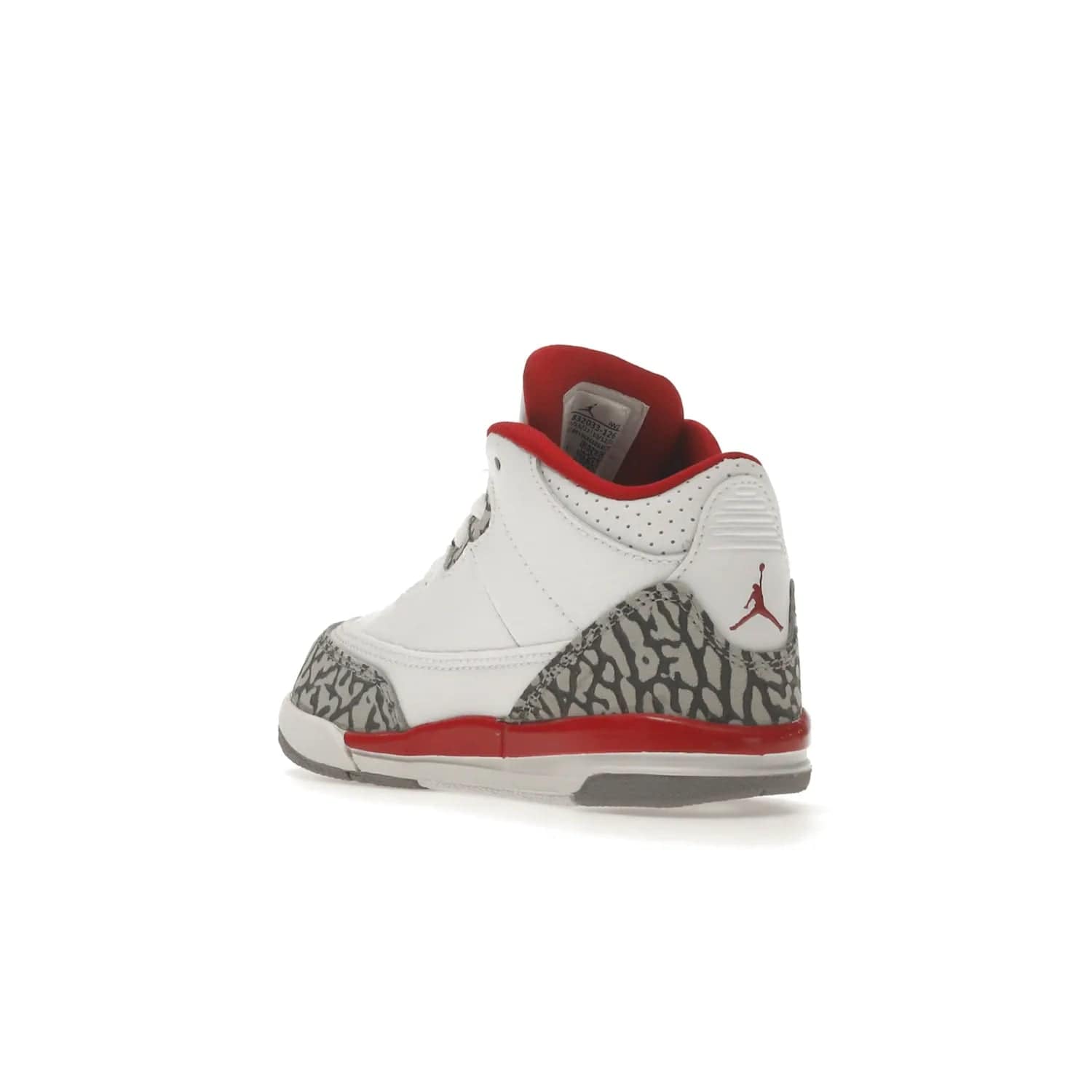 Jordan 3 Retro Cardinal (TD) - Image 24 - Only at www.BallersClubKickz.com - Stylish Air Jordan 3 Retro Cardinal (Toddler) features pebbled leather & smooth leather combo, white, light curry, red & grey print, iconic AJ logo & midsole, & black & yellow patches. Perfect for stylish toddlers.
