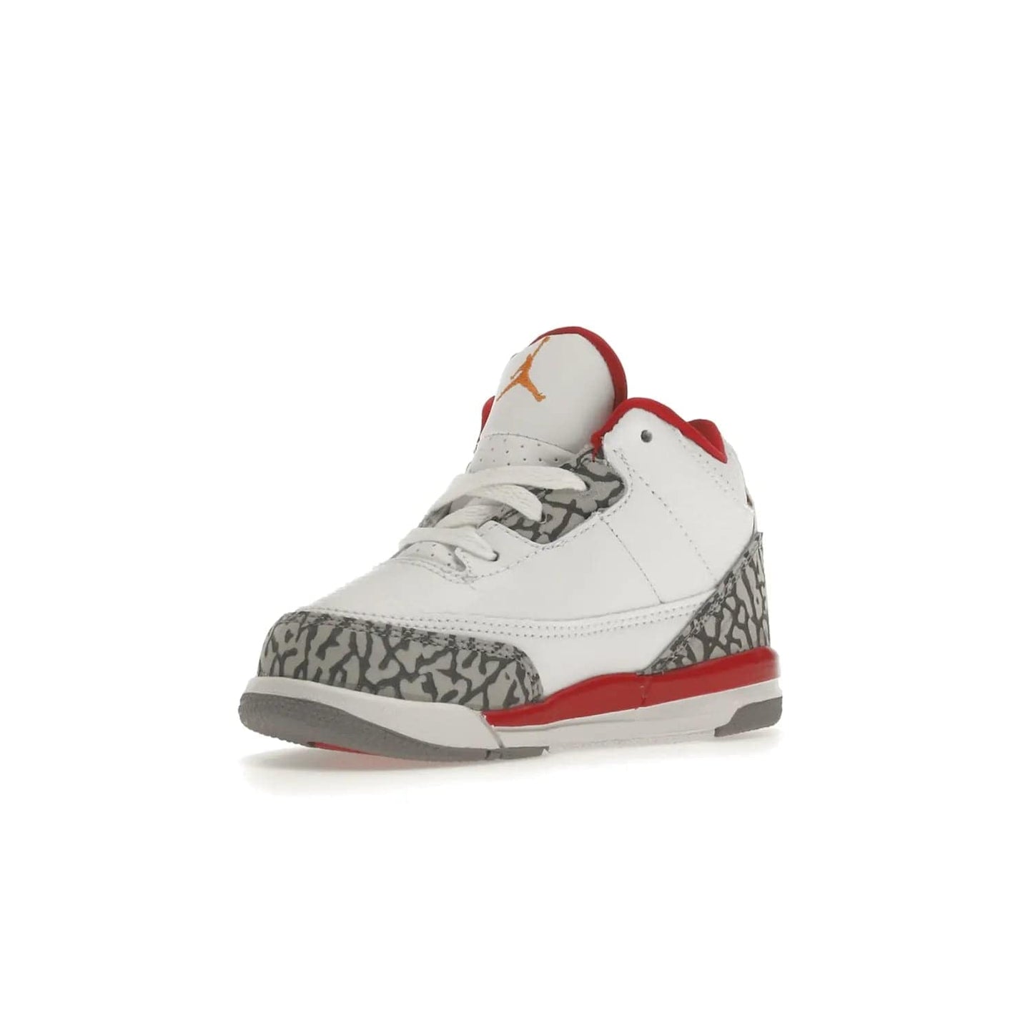 Jordan 3 Retro Cardinal (TD) - Image 15 - Only at www.BallersClubKickz.com - Stylish Air Jordan 3 Retro Cardinal (Toddler) features pebbled leather & smooth leather combo, white, light curry, red & grey print, iconic AJ logo & midsole, & black & yellow patches. Perfect for stylish toddlers.