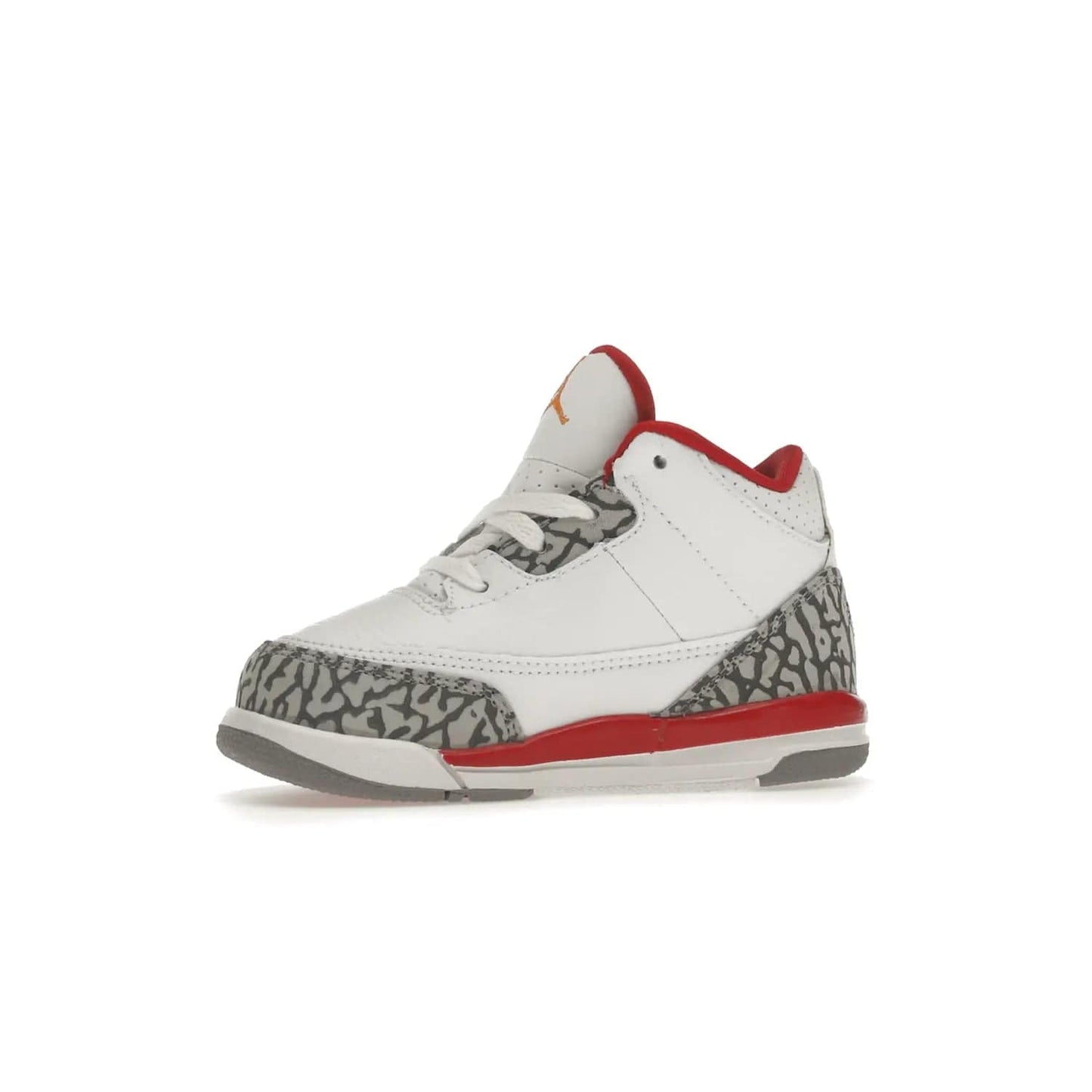 Jordan 3 Retro Cardinal (TD) - Image 17 - Only at www.BallersClubKickz.com - Stylish Air Jordan 3 Retro Cardinal (Toddler) features pebbled leather & smooth leather combo, white, light curry, red & grey print, iconic AJ logo & midsole, & black & yellow patches. Perfect for stylish toddlers.