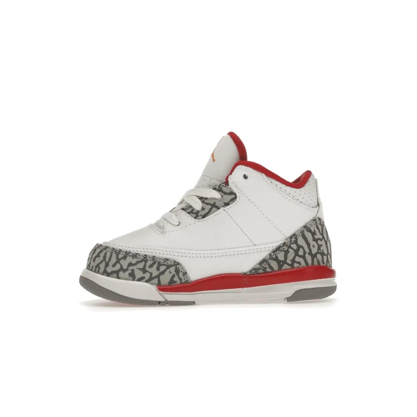Jordan 3 Retro Cardinal (TD) - Image 18 - Only at www.BallersClubKickz.com - Stylish Air Jordan 3 Retro Cardinal (Toddler) features pebbled leather & smooth leather combo, white, light curry, red & grey print, iconic AJ logo & midsole, & black & yellow patches. Perfect for stylish toddlers.