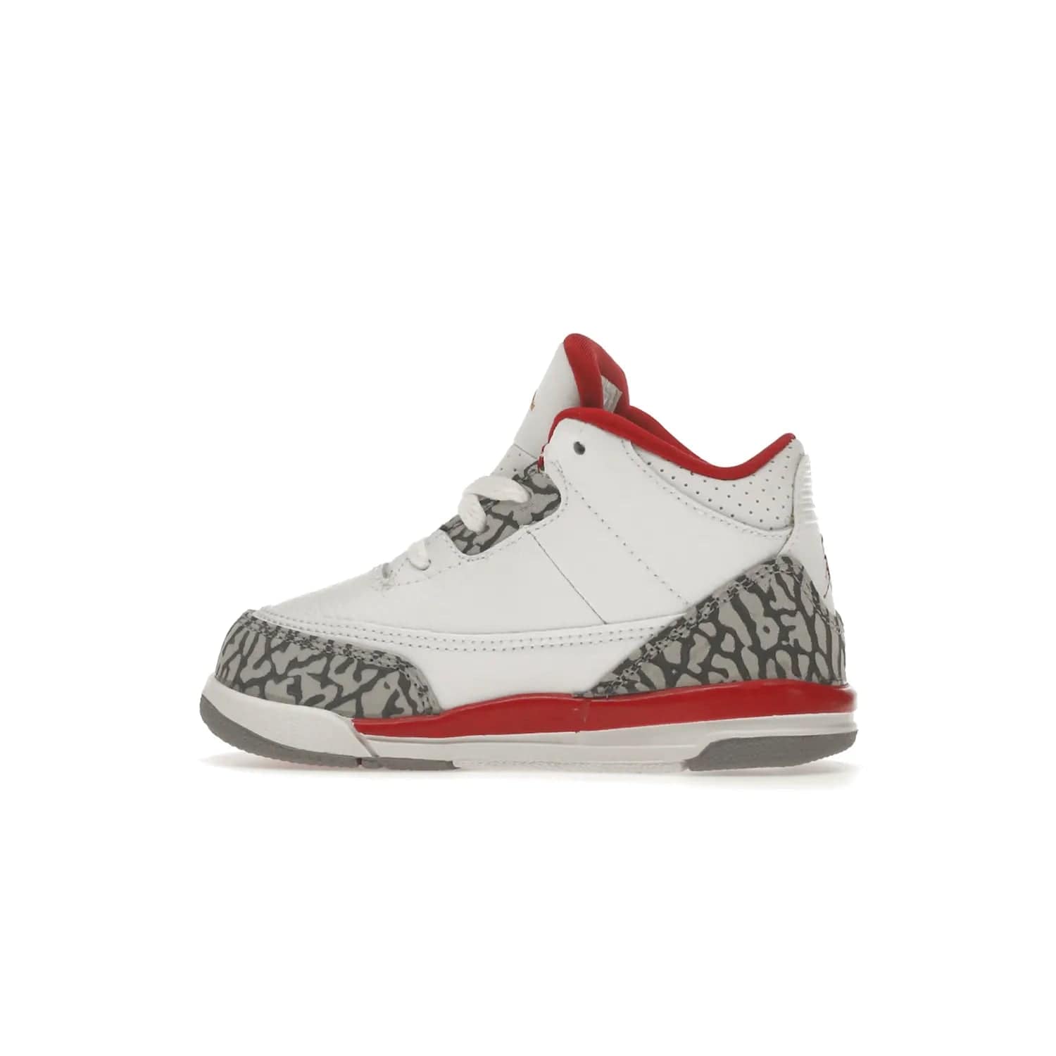 Jordan 3 Retro Cardinal (TD) - Image 20 - Only at www.BallersClubKickz.com - Stylish Air Jordan 3 Retro Cardinal (Toddler) features pebbled leather & smooth leather combo, white, light curry, red & grey print, iconic AJ logo & midsole, & black & yellow patches. Perfect for stylish toddlers.