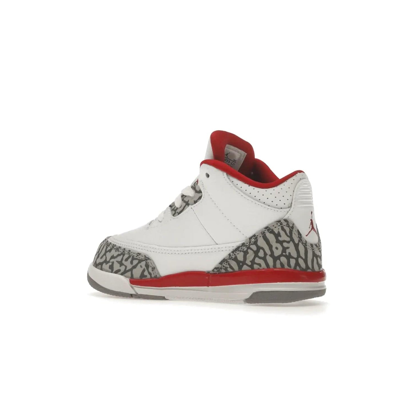 Jordan 3 Retro Cardinal (TD) - Image 22 - Only at www.BallersClubKickz.com - Stylish Air Jordan 3 Retro Cardinal (Toddler) features pebbled leather & smooth leather combo, white, light curry, red & grey print, iconic AJ logo & midsole, & black & yellow patches. Perfect for stylish toddlers.