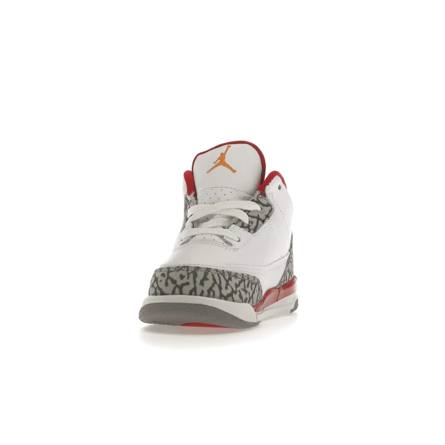 Jordan 3 Retro Cardinal (TD) - Image 12 - Only at www.BallersClubKickz.com - Stylish Air Jordan 3 Retro Cardinal (Toddler) features pebbled leather & smooth leather combo, white, light curry, red & grey print, iconic AJ logo & midsole, & black & yellow patches. Perfect for stylish toddlers.