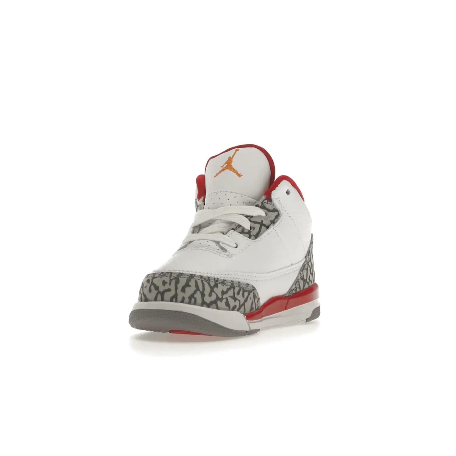 Jordan 3 Retro Cardinal (TD) - Image 13 - Only at www.BallersClubKickz.com - Stylish Air Jordan 3 Retro Cardinal (Toddler) features pebbled leather & smooth leather combo, white, light curry, red & grey print, iconic AJ logo & midsole, & black & yellow patches. Perfect for stylish toddlers.