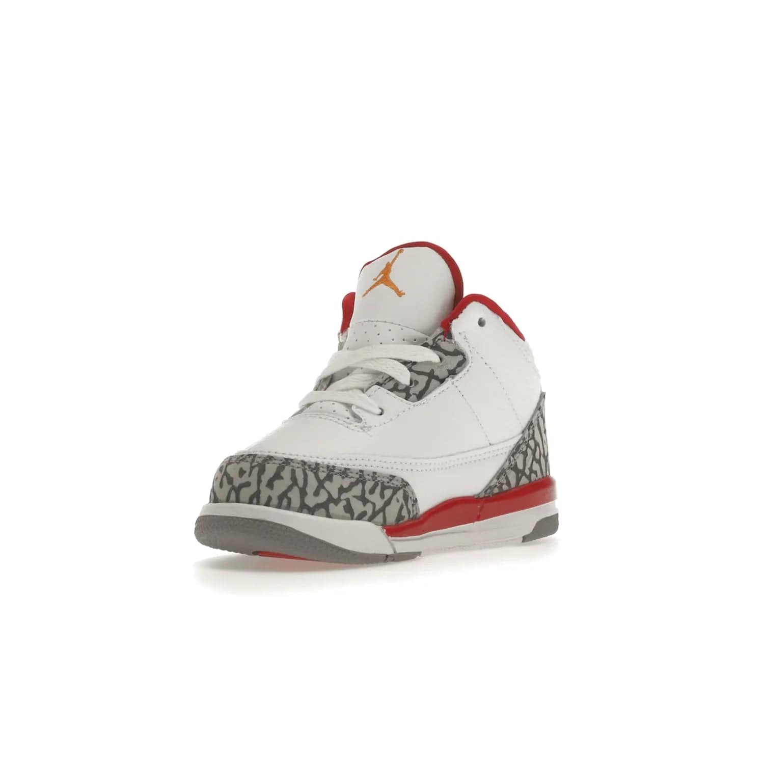 Jordan 3 Retro Cardinal (TD) - Image 14 - Only at www.BallersClubKickz.com - Stylish Air Jordan 3 Retro Cardinal (Toddler) features pebbled leather & smooth leather combo, white, light curry, red & grey print, iconic AJ logo & midsole, & black & yellow patches. Perfect for stylish toddlers.