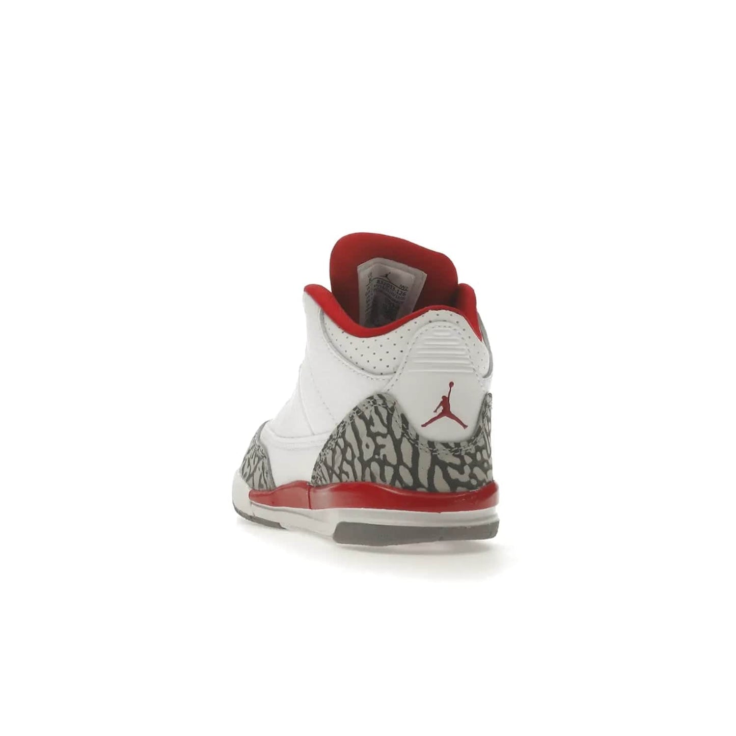 Jordan 3 Retro Cardinal (TD) - Image 26 - Only at www.BallersClubKickz.com - Stylish Air Jordan 3 Retro Cardinal (Toddler) features pebbled leather & smooth leather combo, white, light curry, red & grey print, iconic AJ logo & midsole, & black & yellow patches. Perfect for stylish toddlers.