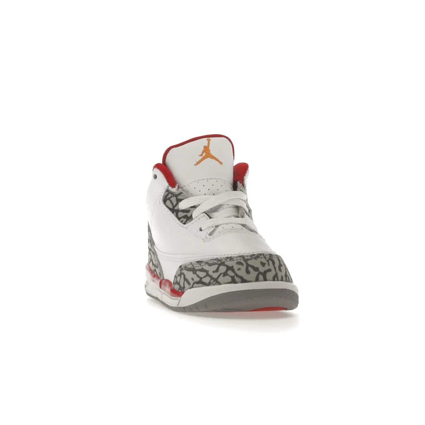 Jordan 3 Retro Cardinal (TD) - Image 8 - Only at www.BallersClubKickz.com - Stylish Air Jordan 3 Retro Cardinal (Toddler) features pebbled leather & smooth leather combo, white, light curry, red & grey print, iconic AJ logo & midsole, & black & yellow patches. Perfect for stylish toddlers.