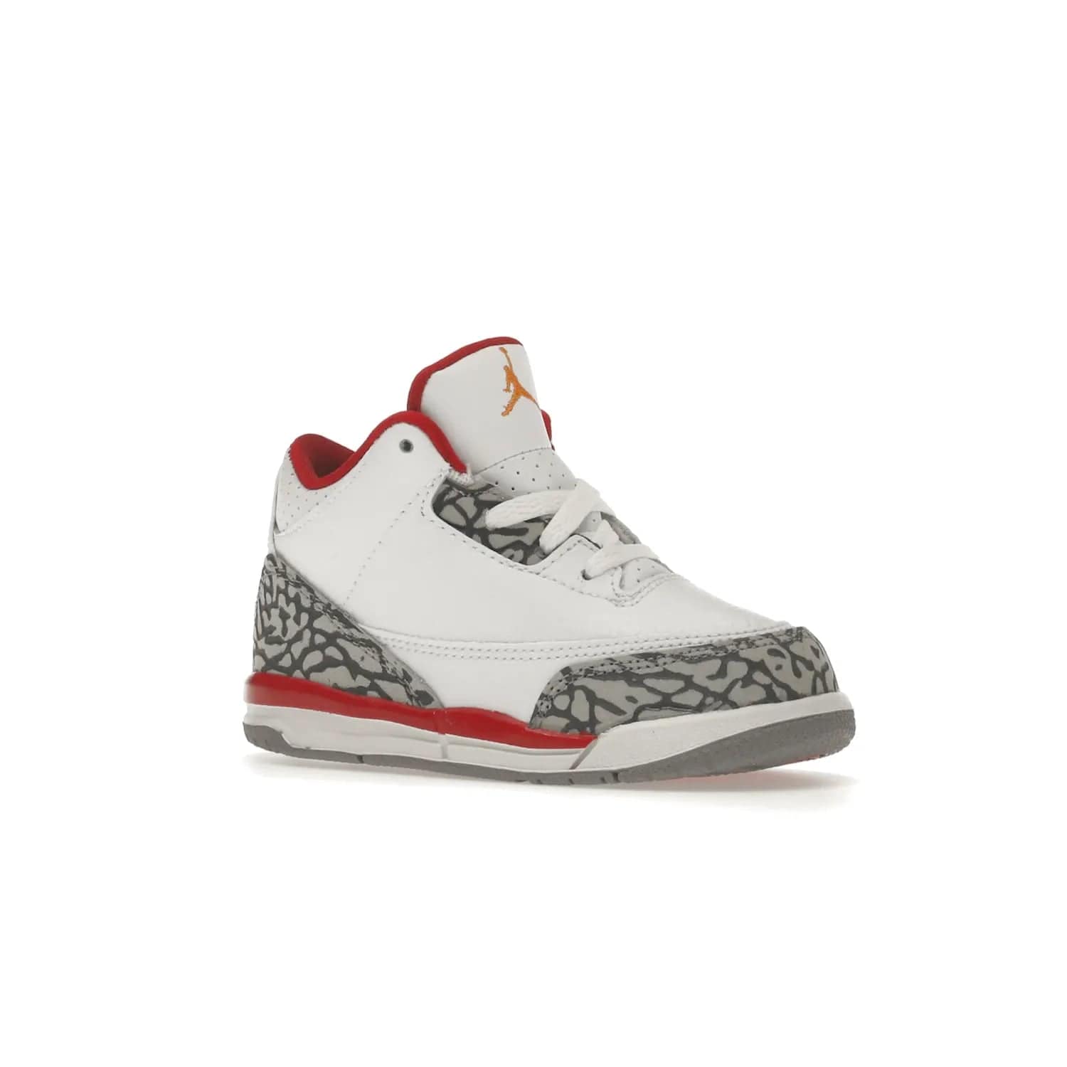 Jordan 3 Retro Cardinal (TD) - Image 4 - Only at www.BallersClubKickz.com - Stylish Air Jordan 3 Retro Cardinal (Toddler) features pebbled leather & smooth leather combo, white, light curry, red & grey print, iconic AJ logo & midsole, & black & yellow patches. Perfect for stylish toddlers.