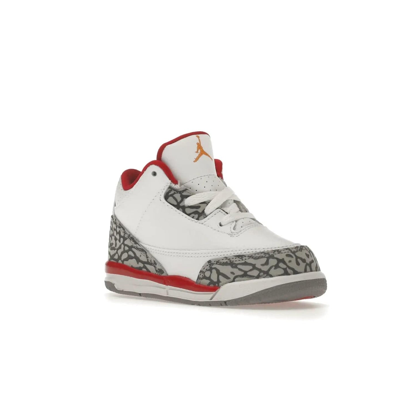 Jordan 3 Retro Cardinal (TD) - Image 5 - Only at www.BallersClubKickz.com - Stylish Air Jordan 3 Retro Cardinal (Toddler) features pebbled leather & smooth leather combo, white, light curry, red & grey print, iconic AJ logo & midsole, & black & yellow patches. Perfect for stylish toddlers.