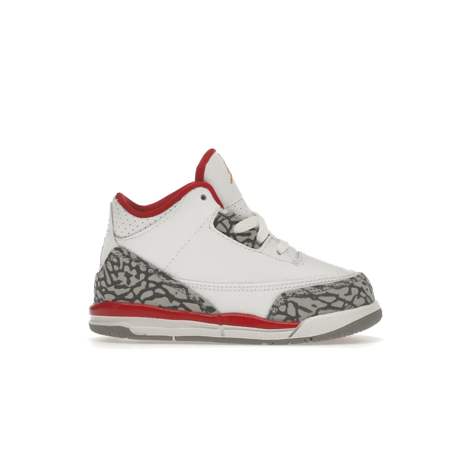 Jordan 3 Retro Cardinal (TD) - Image 1 - Only at www.BallersClubKickz.com - Stylish Air Jordan 3 Retro Cardinal (Toddler) features pebbled leather & smooth leather combo, white, light curry, red & grey print, iconic AJ logo & midsole, & black & yellow patches. Perfect for stylish toddlers.