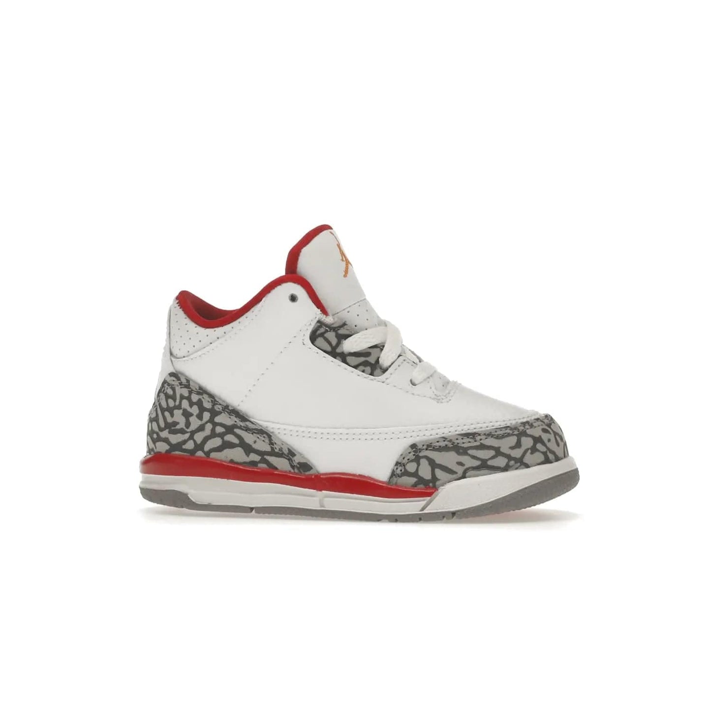 Jordan 3 Retro Cardinal (TD) - Image 2 - Only at www.BallersClubKickz.com - Stylish Air Jordan 3 Retro Cardinal (Toddler) features pebbled leather & smooth leather combo, white, light curry, red & grey print, iconic AJ logo & midsole, & black & yellow patches. Perfect for stylish toddlers.