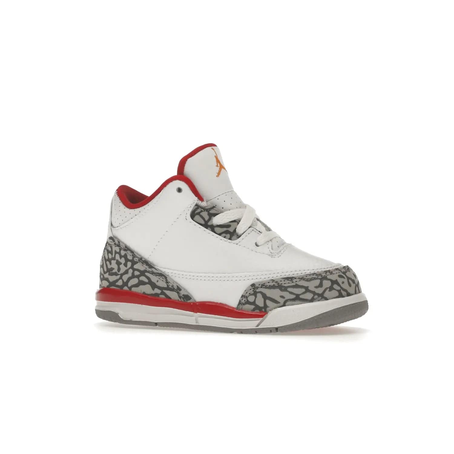 Jordan 3 Retro Cardinal (TD) - Image 3 - Only at www.BallersClubKickz.com - Stylish Air Jordan 3 Retro Cardinal (Toddler) features pebbled leather & smooth leather combo, white, light curry, red & grey print, iconic AJ logo & midsole, & black & yellow patches. Perfect for stylish toddlers.