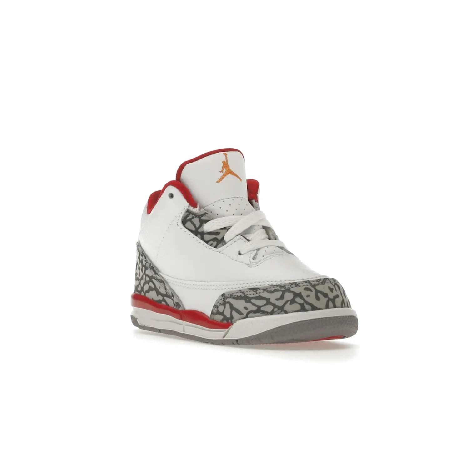 Jordan 3 Retro Cardinal (TD) - Image 6 - Only at www.BallersClubKickz.com - Stylish Air Jordan 3 Retro Cardinal (Toddler) features pebbled leather & smooth leather combo, white, light curry, red & grey print, iconic AJ logo & midsole, & black & yellow patches. Perfect for stylish toddlers.