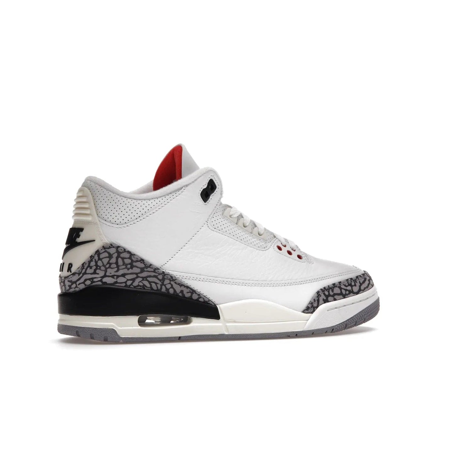 Jordan 3 Retro White Cement Reimagined - Image 35 - Only at www.BallersClubKickz.com - The Reimagined Air Jordan 3 Retro in a Summit White/Fire Red/Black/Cement Grey colorway is launching on March 11, 2023. Featuring a white leather upper, off-white midsoles and heel tabs, this vintage-look sneaker is a must-have.