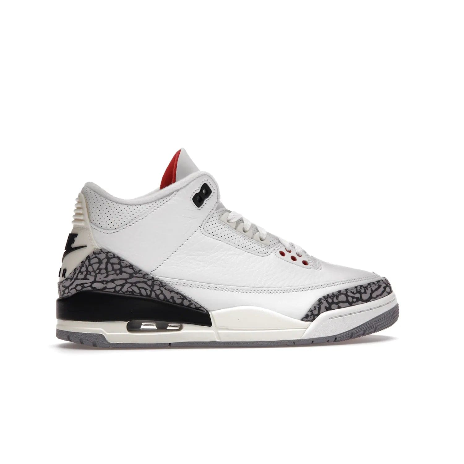 Jordan 3 Retro White Cement Reimagined - Image 36 - Only at www.BallersClubKickz.com - The Reimagined Air Jordan 3 Retro in a Summit White/Fire Red/Black/Cement Grey colorway is launching on March 11, 2023. Featuring a white leather upper, off-white midsoles and heel tabs, this vintage-look sneaker is a must-have.