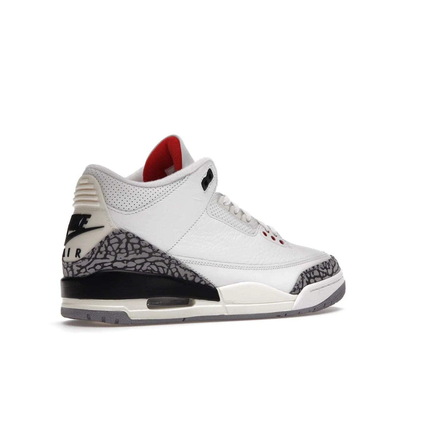 Jordan 3 Retro White Cement Reimagined - Image 34 - Only at www.BallersClubKickz.com - The Reimagined Air Jordan 3 Retro in a Summit White/Fire Red/Black/Cement Grey colorway is launching on March 11, 2023. Featuring a white leather upper, off-white midsoles and heel tabs, this vintage-look sneaker is a must-have.