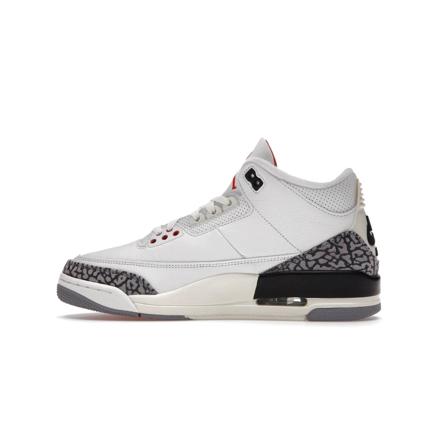 Jordan 3 Retro White Cement Reimagined - Image 20 - Only at www.BallersClubKickz.com - The Reimagined Air Jordan 3 Retro in a Summit White/Fire Red/Black/Cement Grey colorway is launching on March 11, 2023. Featuring a white leather upper, off-white midsoles and heel tabs, this vintage-look sneaker is a must-have.