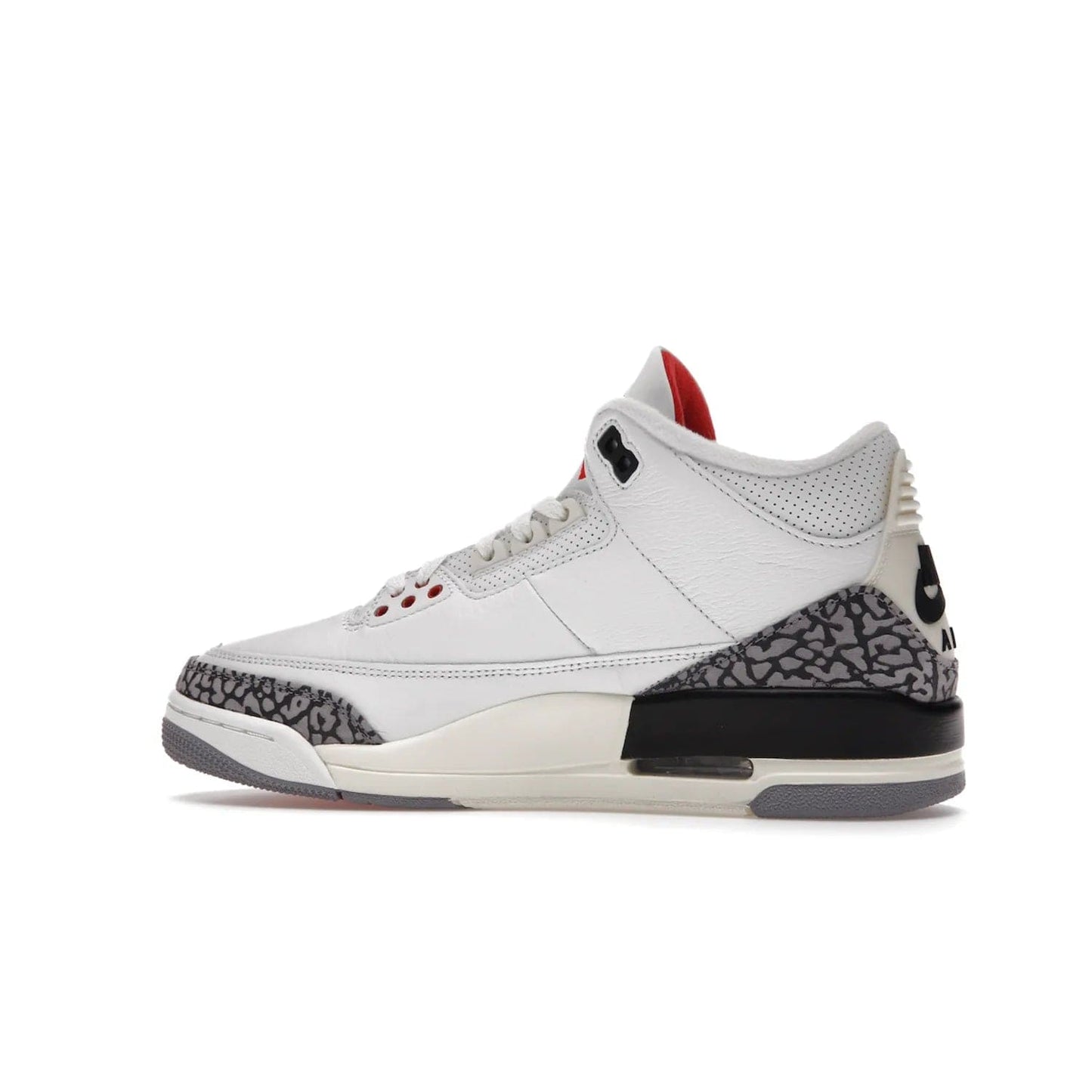 Jordan 3 Retro White Cement Reimagined - Image 21 - Only at www.BallersClubKickz.com - The Reimagined Air Jordan 3 Retro in a Summit White/Fire Red/Black/Cement Grey colorway is launching on March 11, 2023. Featuring a white leather upper, off-white midsoles and heel tabs, this vintage-look sneaker is a must-have.