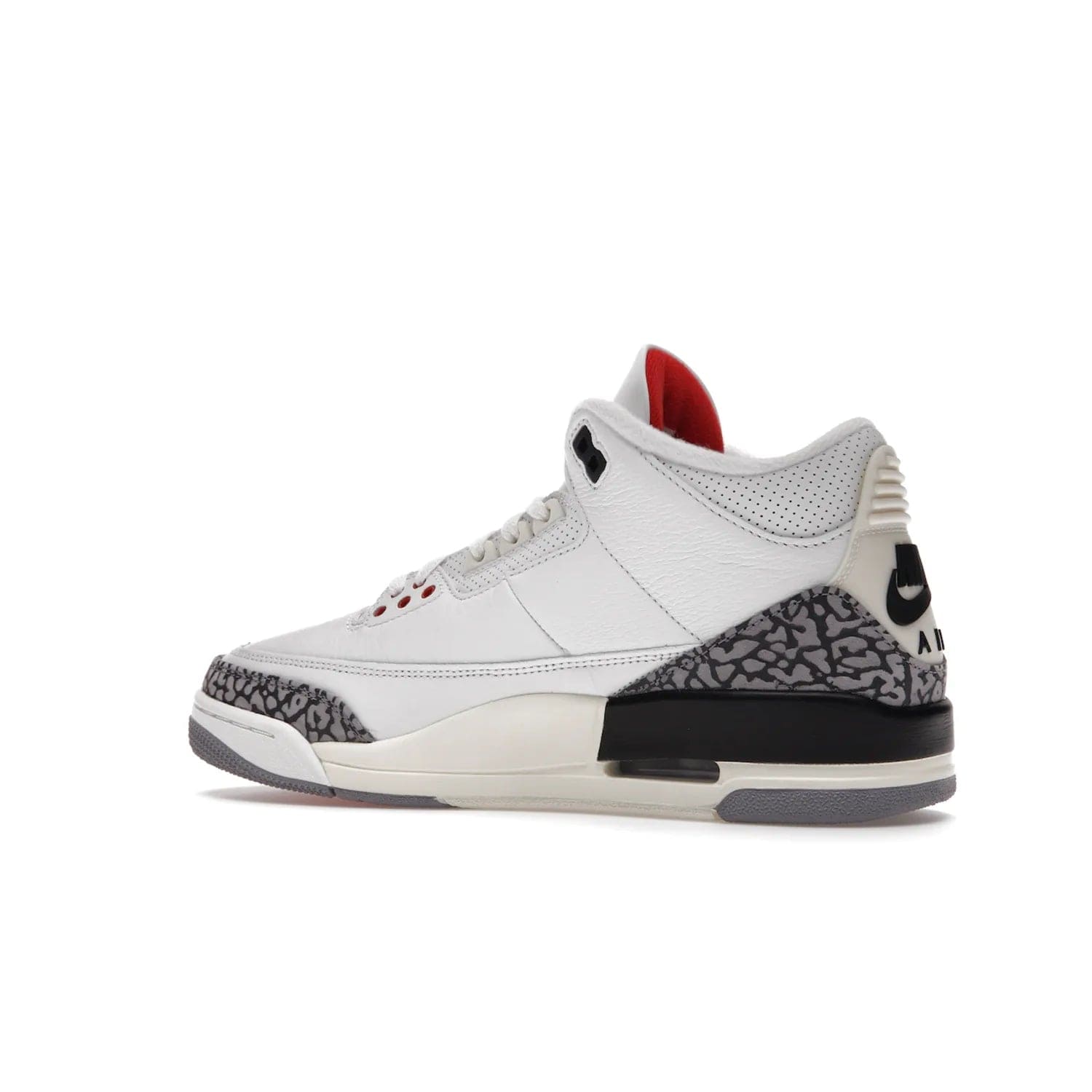 Jordan 3 Retro White Cement Reimagined - Image 22 - Only at www.BallersClubKickz.com - The Reimagined Air Jordan 3 Retro in a Summit White/Fire Red/Black/Cement Grey colorway is launching on March 11, 2023. Featuring a white leather upper, off-white midsoles and heel tabs, this vintage-look sneaker is a must-have.
