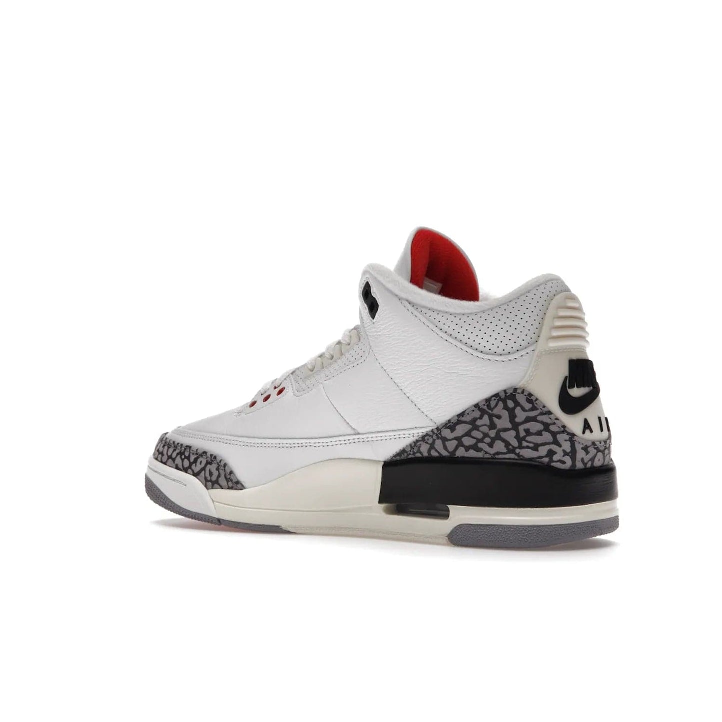 Jordan 3 Retro White Cement Reimagined - Image 23 - Only at www.BallersClubKickz.com - The Reimagined Air Jordan 3 Retro in a Summit White/Fire Red/Black/Cement Grey colorway is launching on March 11, 2023. Featuring a white leather upper, off-white midsoles and heel tabs, this vintage-look sneaker is a must-have.