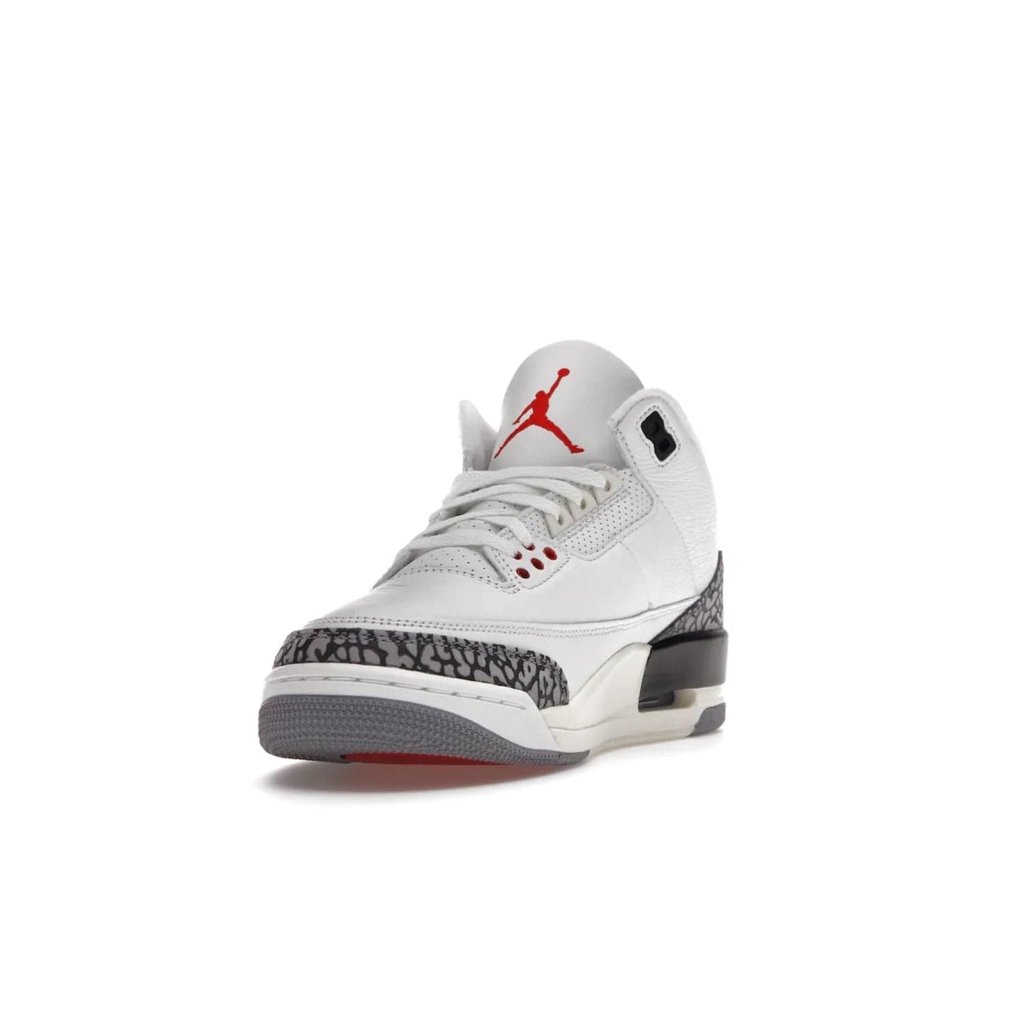 Jordan 3 Retro White Cement Reimagined - Image 13 - Only at www.BallersClubKickz.com - The Reimagined Air Jordan 3 Retro in a Summit White/Fire Red/Black/Cement Grey colorway is launching on March 11, 2023. Featuring a white leather upper, off-white midsoles and heel tabs, this vintage-look sneaker is a must-have.