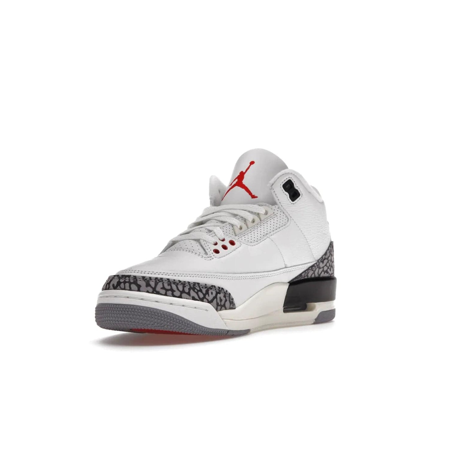 Jordan 3 Retro White Cement Reimagined - Image 14 - Only at www.BallersClubKickz.com - The Reimagined Air Jordan 3 Retro in a Summit White/Fire Red/Black/Cement Grey colorway is launching on March 11, 2023. Featuring a white leather upper, off-white midsoles and heel tabs, this vintage-look sneaker is a must-have.
