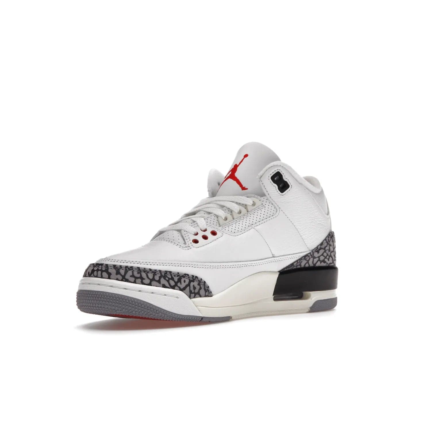 Jordan 3 Retro White Cement Reimagined - Image 15 - Only at www.BallersClubKickz.com - The Reimagined Air Jordan 3 Retro in a Summit White/Fire Red/Black/Cement Grey colorway is launching on March 11, 2023. Featuring a white leather upper, off-white midsoles and heel tabs, this vintage-look sneaker is a must-have.