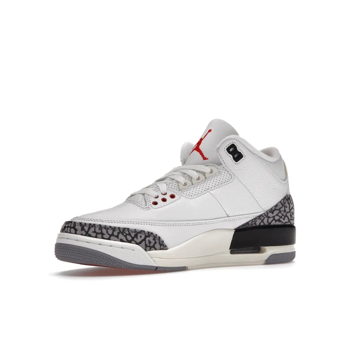Jordan 3 Retro White Cement Reimagined - Image 16 - Only at www.BallersClubKickz.com - The Reimagined Air Jordan 3 Retro in a Summit White/Fire Red/Black/Cement Grey colorway is launching on March 11, 2023. Featuring a white leather upper, off-white midsoles and heel tabs, this vintage-look sneaker is a must-have.