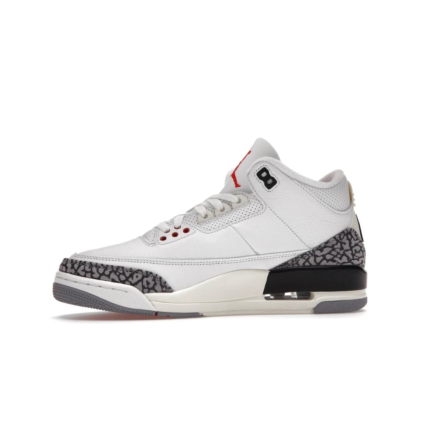 Jordan 3 Retro White Cement Reimagined - Image 18 - Only at www.BallersClubKickz.com - The Reimagined Air Jordan 3 Retro in a Summit White/Fire Red/Black/Cement Grey colorway is launching on March 11, 2023. Featuring a white leather upper, off-white midsoles and heel tabs, this vintage-look sneaker is a must-have.
