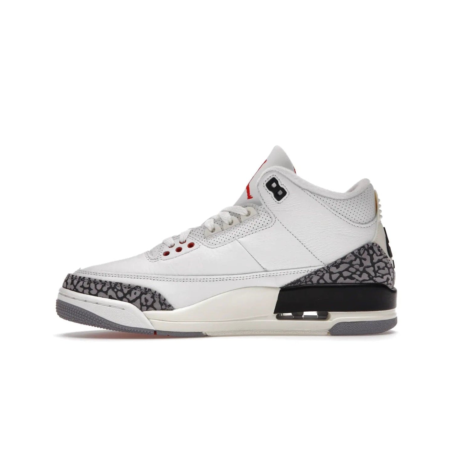 Jordan 3 Retro White Cement Reimagined - Image 19 - Only at www.BallersClubKickz.com - The Reimagined Air Jordan 3 Retro in a Summit White/Fire Red/Black/Cement Grey colorway is launching on March 11, 2023. Featuring a white leather upper, off-white midsoles and heel tabs, this vintage-look sneaker is a must-have.