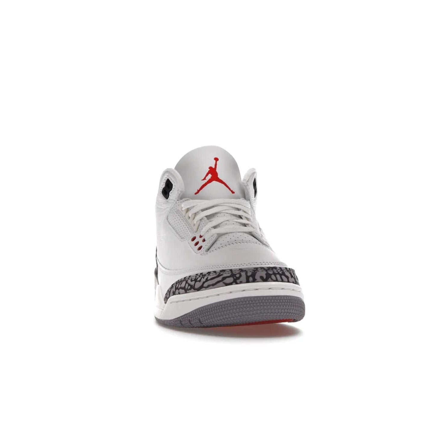 Jordan 3 Retro White Cement Reimagined - Image 9 - Only at www.BallersClubKickz.com - The Reimagined Air Jordan 3 Retro in a Summit White/Fire Red/Black/Cement Grey colorway is launching on March 11, 2023. Featuring a white leather upper, off-white midsoles and heel tabs, this vintage-look sneaker is a must-have.