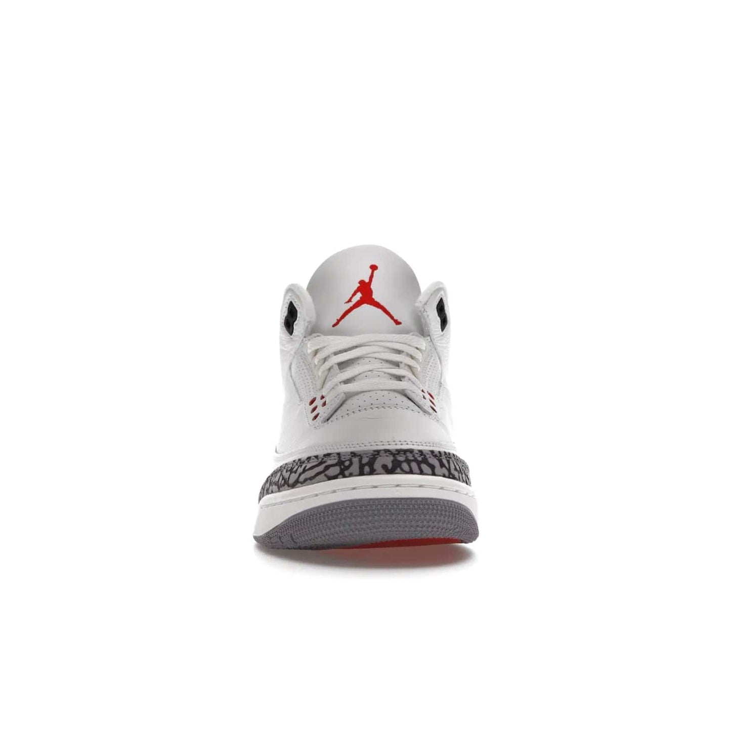 Jordan 3 Retro White Cement Reimagined - Image 10 - Only at www.BallersClubKickz.com - The Reimagined Air Jordan 3 Retro in a Summit White/Fire Red/Black/Cement Grey colorway is launching on March 11, 2023. Featuring a white leather upper, off-white midsoles and heel tabs, this vintage-look sneaker is a must-have.