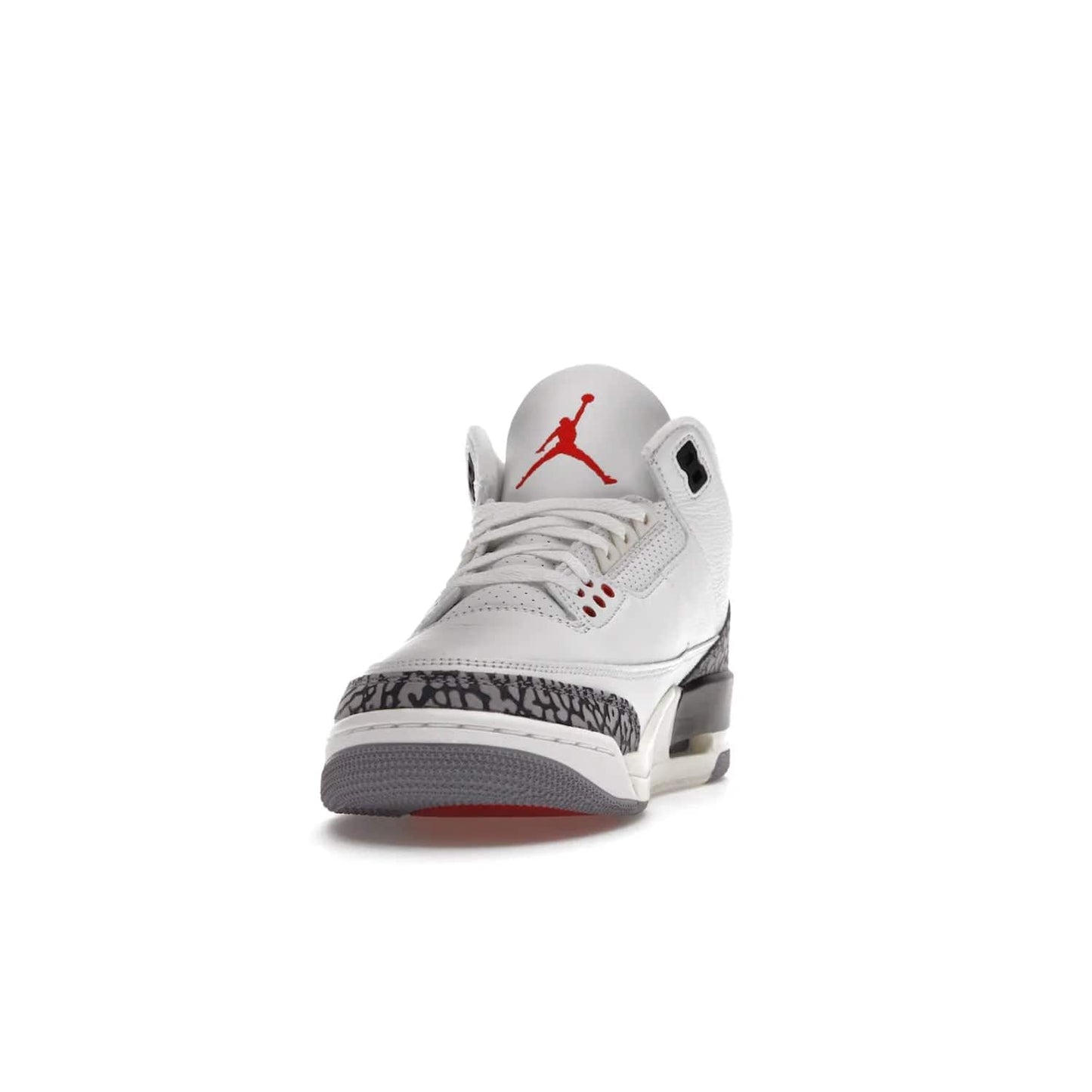 Jordan 3 Retro White Cement Reimagined - Image 12 - Only at www.BallersClubKickz.com - The Reimagined Air Jordan 3 Retro in a Summit White/Fire Red/Black/Cement Grey colorway is launching on March 11, 2023. Featuring a white leather upper, off-white midsoles and heel tabs, this vintage-look sneaker is a must-have.