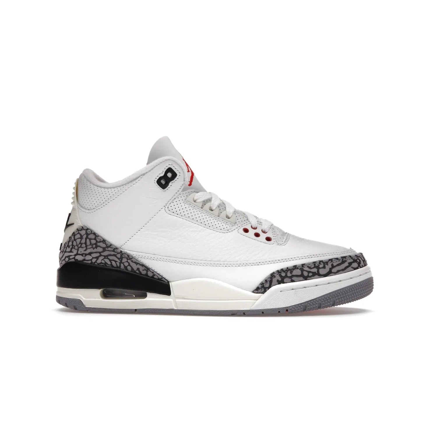Jordan 3 Retro White Cement Reimagined - Image 2 - Only at www.BallersClubKickz.com - The Reimagined Air Jordan 3 Retro in a Summit White/Fire Red/Black/Cement Grey colorway is launching on March 11, 2023. Featuring a white leather upper, off-white midsoles and heel tabs, this vintage-look sneaker is a must-have.