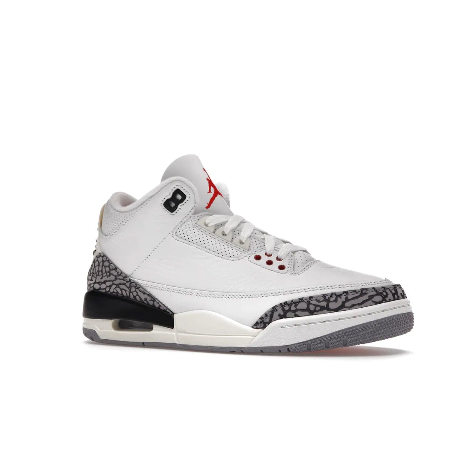 Jordan 3 Retro White Cement Reimagined - Image 4 - Only at www.BallersClubKickz.com - The Reimagined Air Jordan 3 Retro in a Summit White/Fire Red/Black/Cement Grey colorway is launching on March 11, 2023. Featuring a white leather upper, off-white midsoles and heel tabs, this vintage-look sneaker is a must-have.