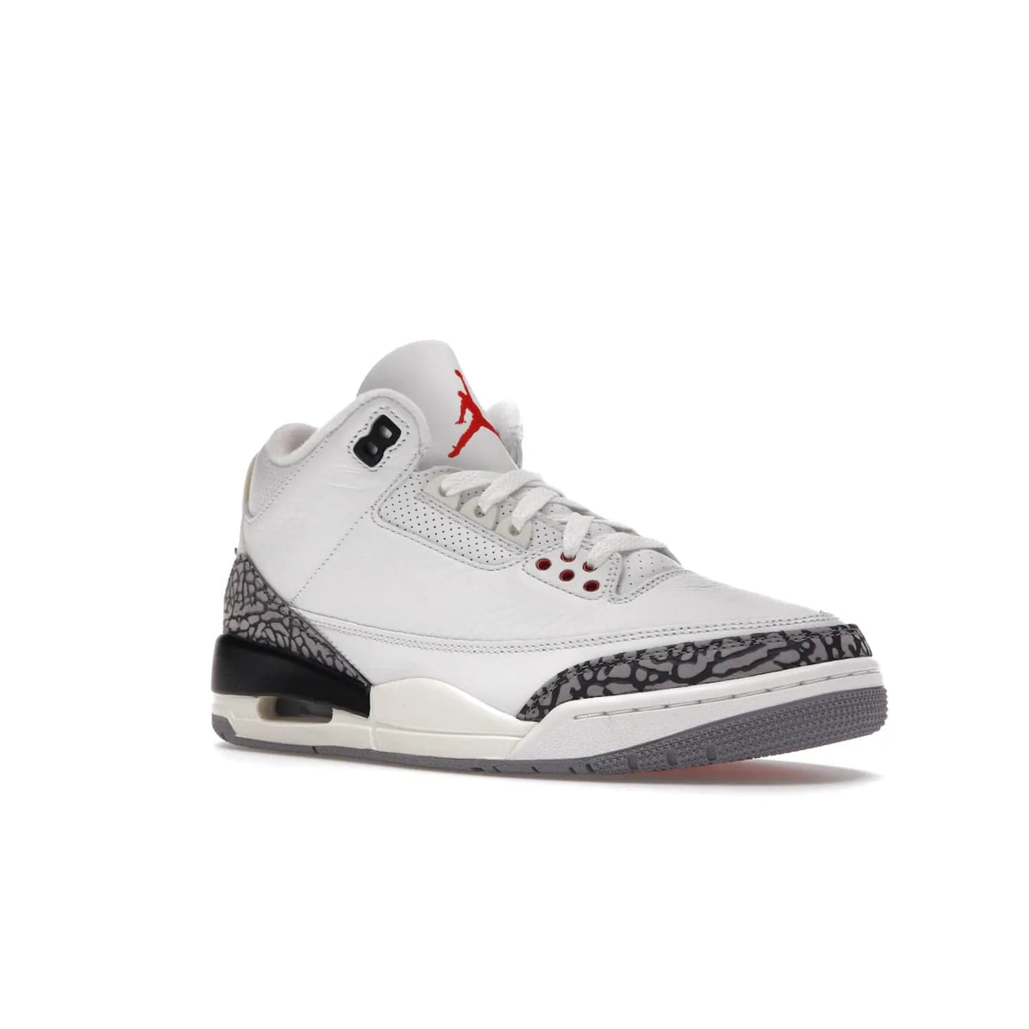 Jordan 3 Retro White Cement Reimagined - Image 5 - Only at www.BallersClubKickz.com - The Reimagined Air Jordan 3 Retro in a Summit White/Fire Red/Black/Cement Grey colorway is launching on March 11, 2023. Featuring a white leather upper, off-white midsoles and heel tabs, this vintage-look sneaker is a must-have.