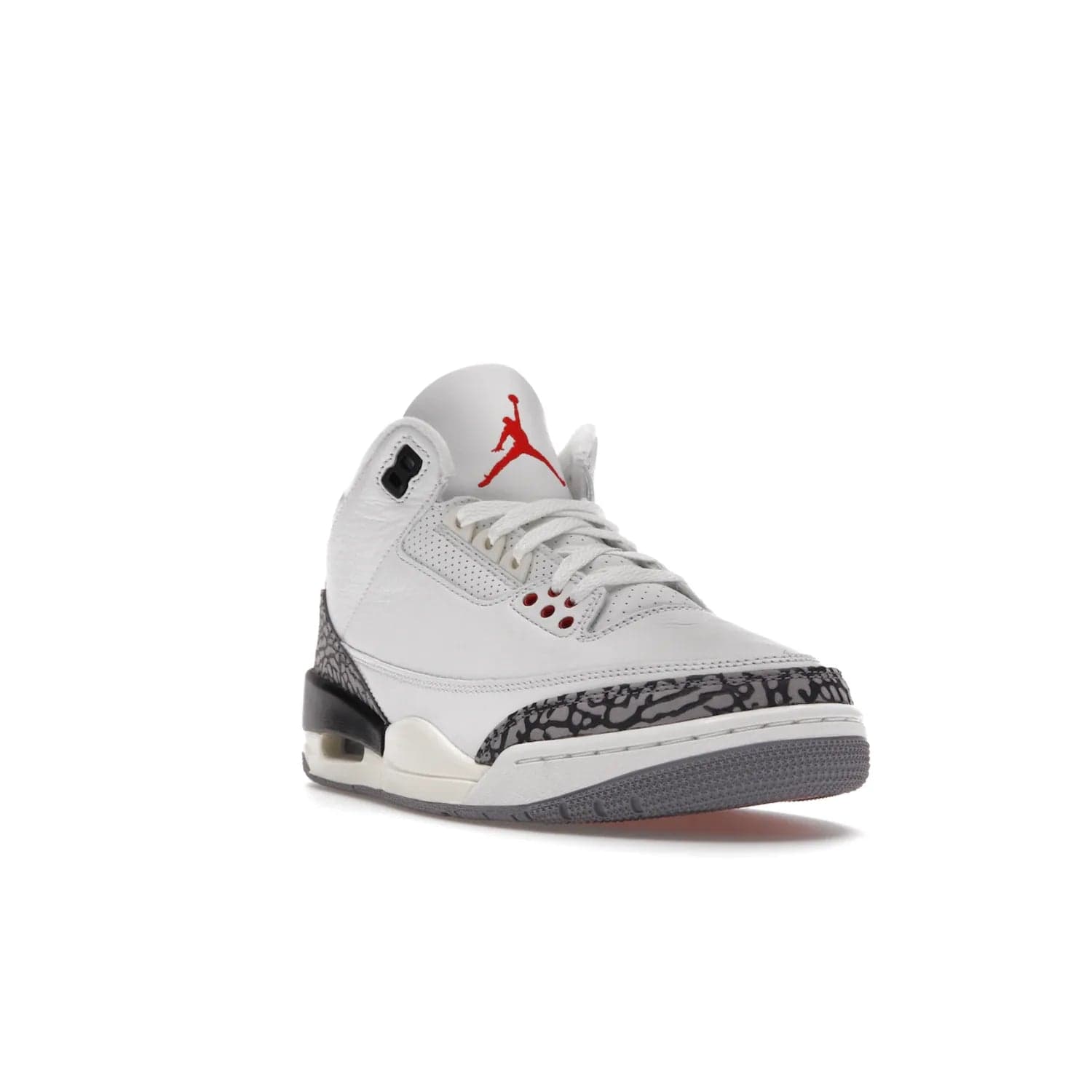 Jordan 3 Retro White Cement Reimagined - Image 7 - Only at www.BallersClubKickz.com - The Reimagined Air Jordan 3 Retro in a Summit White/Fire Red/Black/Cement Grey colorway is launching on March 11, 2023. Featuring a white leather upper, off-white midsoles and heel tabs, this vintage-look sneaker is a must-have.